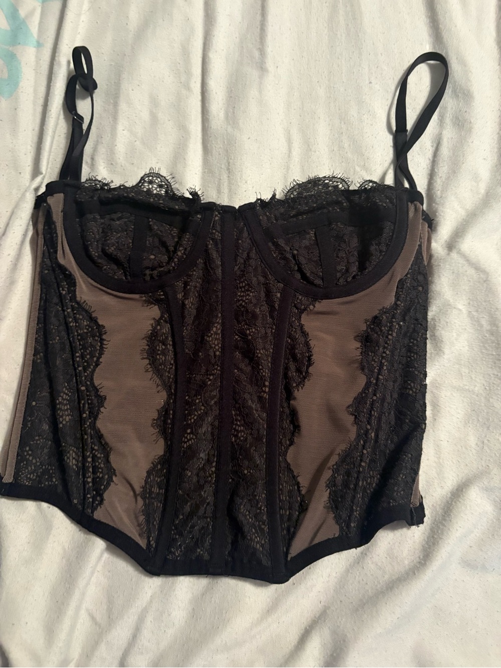 Out from under Black Lace Bustier with Taupe Underlay